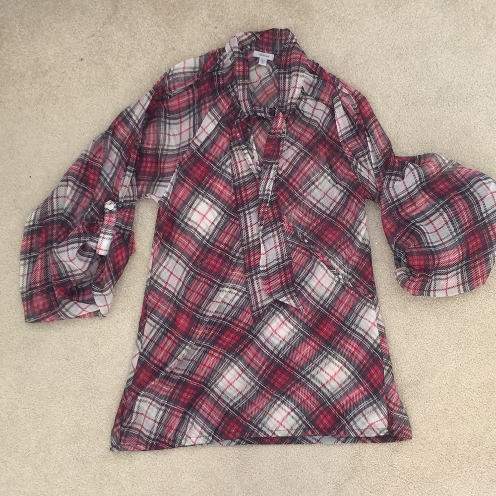 Tristan tunic Top in red and grey tartan/plaid